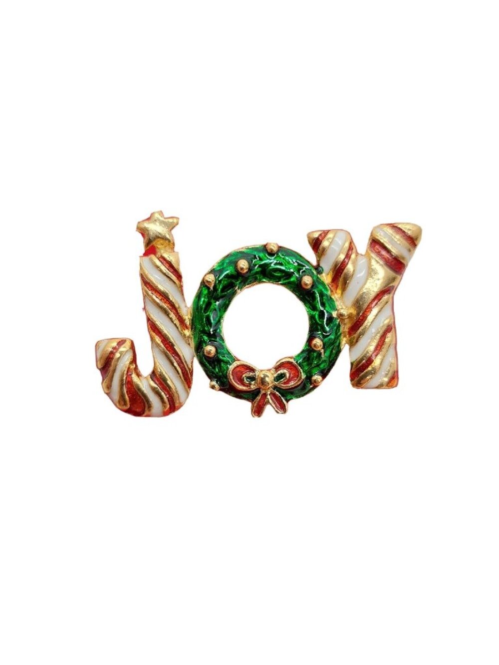 Joy Pin Brooch Red White Green Enamel Christmas Gold Tone